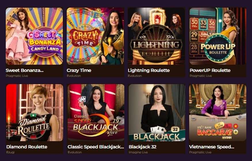 Acht verschiedene Live-Spiele mit Roulette, Blackjack, Baccarat und Shows