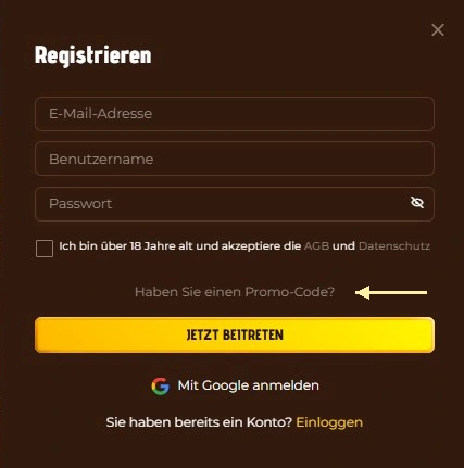 Registrierungsformular mit der Option für einen Promo-Code