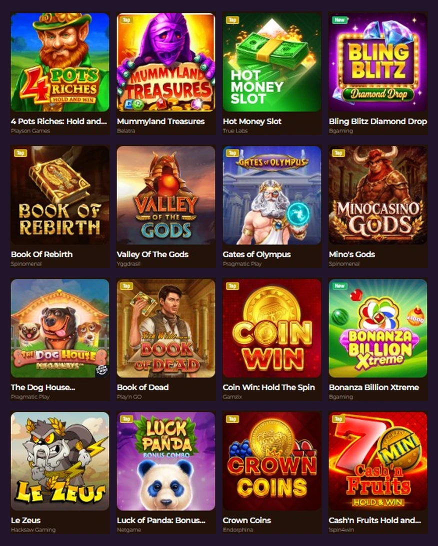 Sechzehn verschiedene Slot-Cover mit Spielnamen